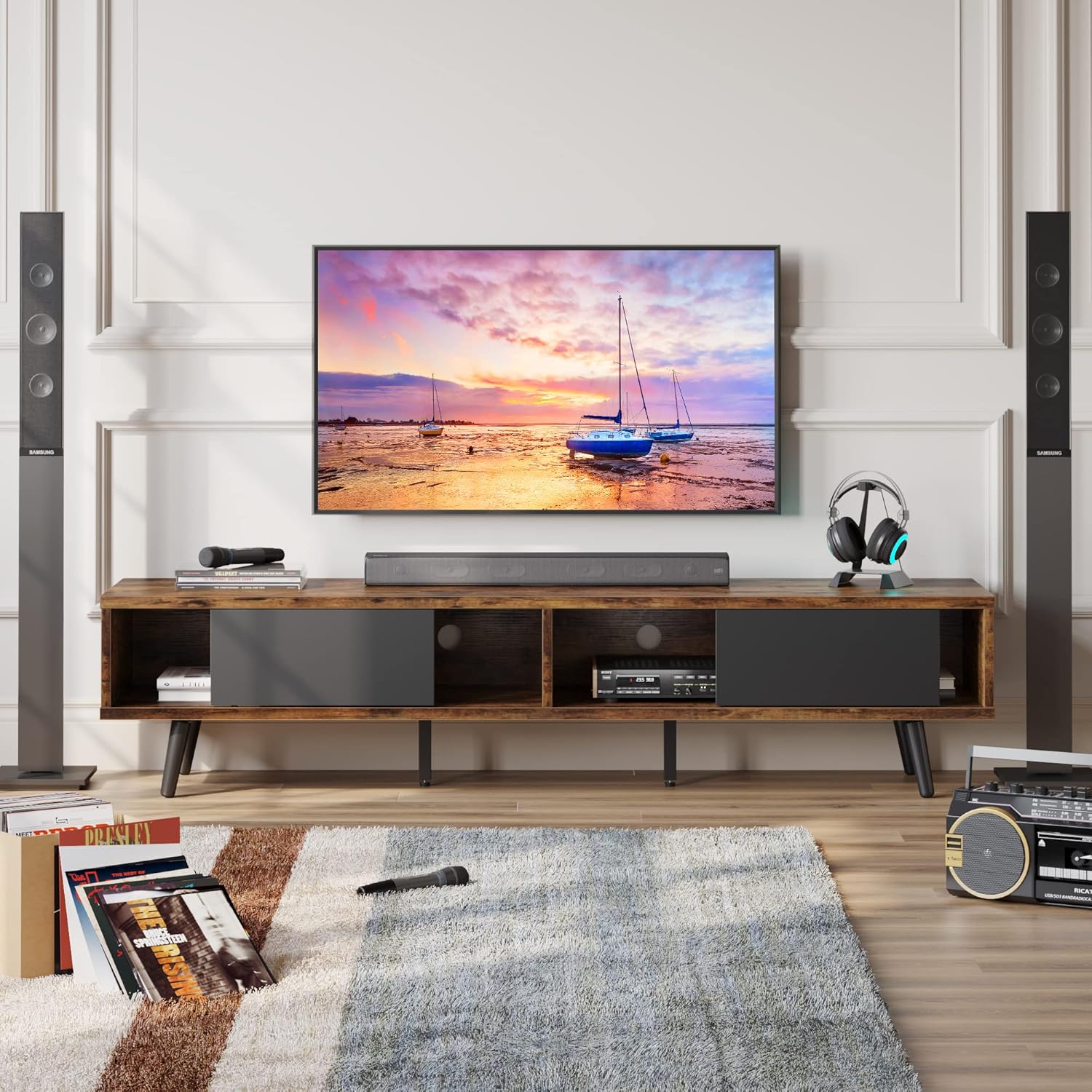 Bestier 70 inch Mid Century Modern TV Stand for 75 inch TV, Low Profile TV Stand with Storage, Entertainment Center for Living Room, Cord Management, Rustic Black