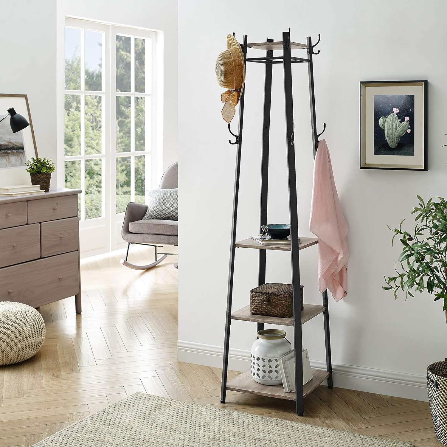 VASAGLE Coat Rack, Coat Stand with 3 Shelves, Hall Tree Free Standing with Hooks for Scarves, Bags, Umbrellas, Steel Frame, Industrial Style, for Entryway, Living Room, Greige and Black ULCR080B02