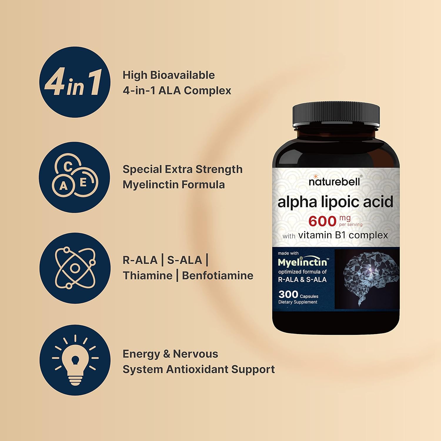 NatureBel Alph Lipoi Aci Complex 600mg 30 Capsule 4-in- Myelincti Formul wit R-ALA S-ALA Thiamin Benfotiamin Hig Absorptio Antioxidan Suppor Non-GMO Gluten-Free