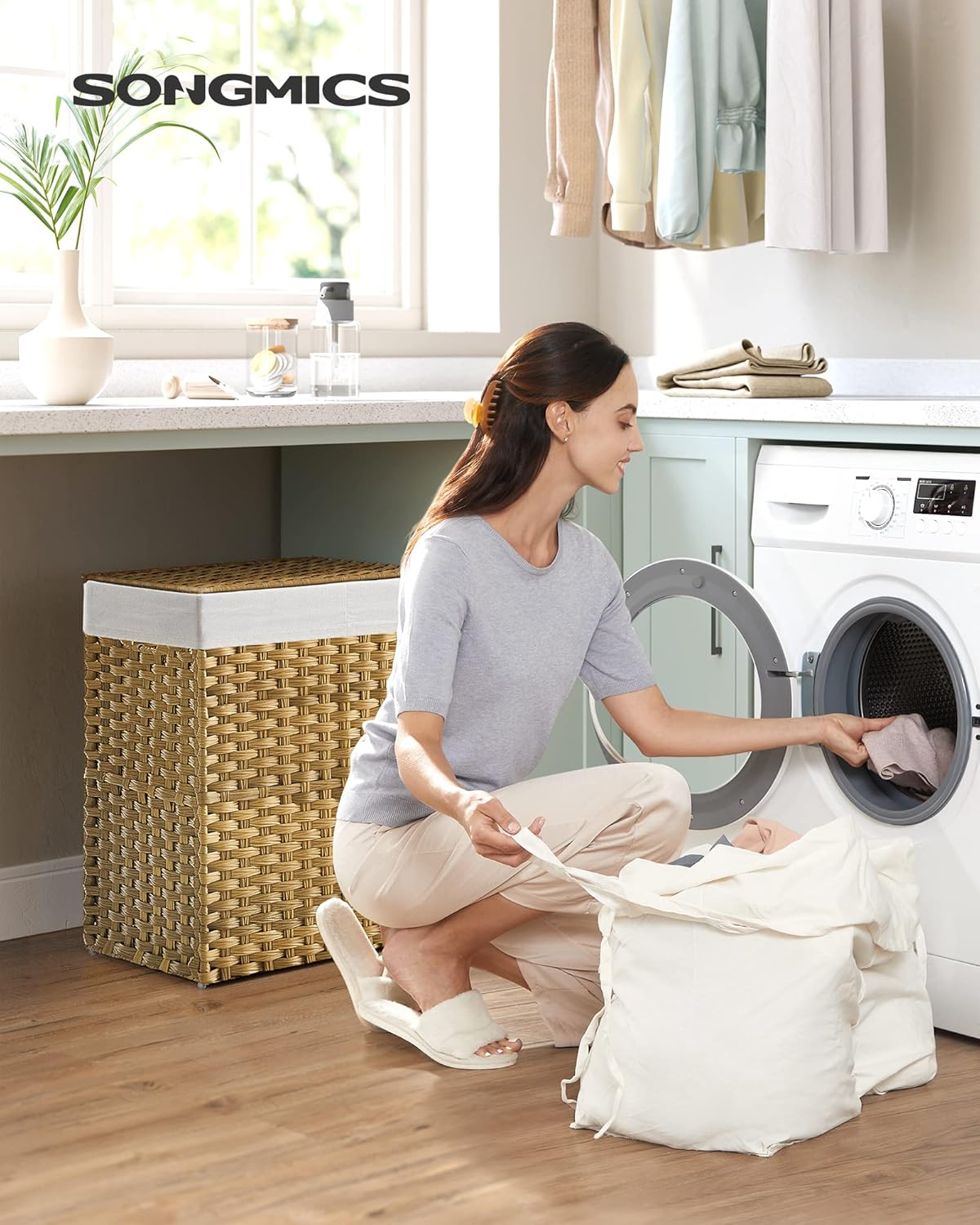 Laundry Hamper with Lid, 90L Clothes Hamper with 2 Removable Liner Bags, 6 Mesh Bags, Wicker Laundry Basket, Double Laundry Hamper for Bathroom, 13 x 18.1 x 23.6 Inches, Natural ULCB251N01V1