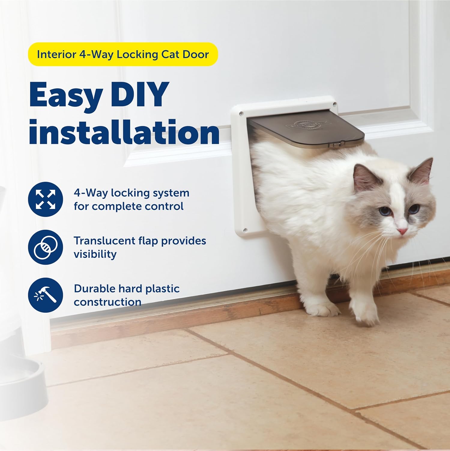 PetSafe 4-Way Interior Locking Cat Door - Allows Convenient Movement Between Rooms Minimizes Scratching - Tinted Durable Plastic Privacy Door for Feeder Litter Box