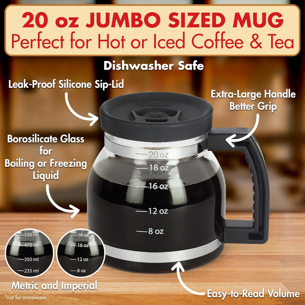 Cupa Joe Coffee Mug ¨C 20oz Borosilicate Glass Diner Pot Mug with Spill-Proof Lid ¨C Funny Novelty Gift for Coffee Lovers, Dads, Office, Travel & More