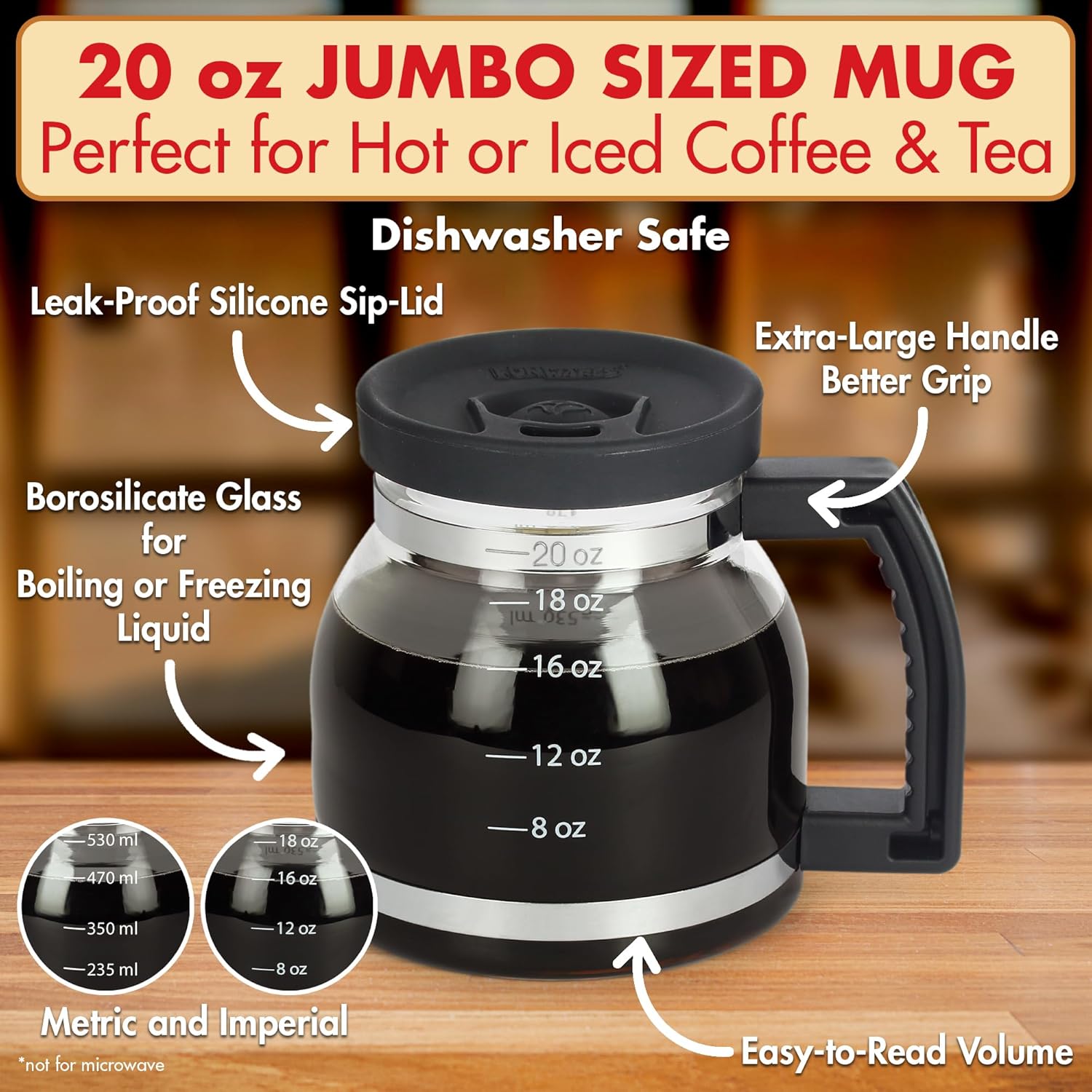 Cupa Joe Coffee Mug ¨C 20oz Borosilicate Glass Diner Pot Mug with Spill-Proof Lid ¨C Funny Novelty Gift for Coffee Lovers, Dads, Office, Travel & More