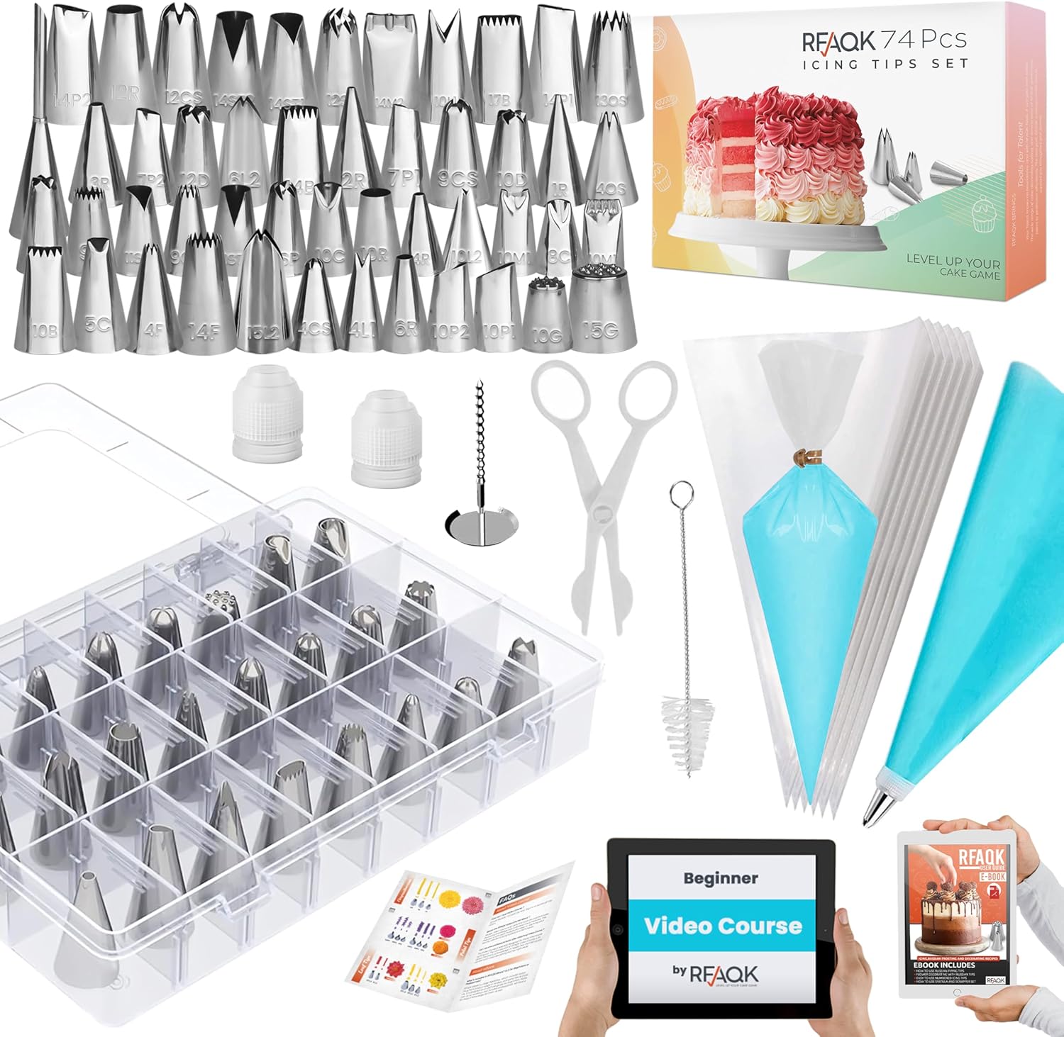 74 PCs Icing Piping Bags and Tips Set, Cake Decorating Kit with 48-Numbered Piping Tips, Anti Burst Pastry Bags for Cookie Cupcake Cake Decoration, Cake Decorating Tips Set with Booklet E-book