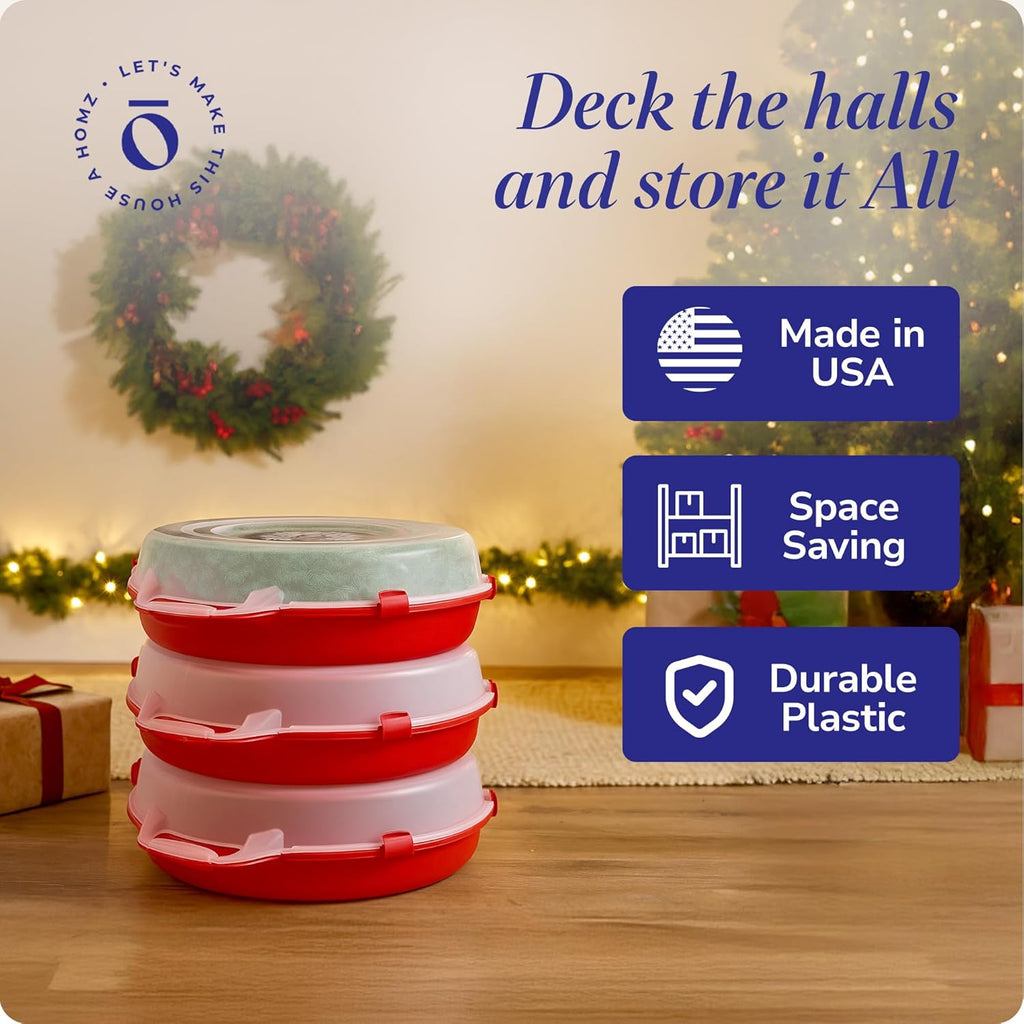HOMZ 3-Pack Seasonal Holiday Decorative Wreath Storage Organizer, 24 Inch, Red Clear - Round Plastic Christmas Decoration Holder for Wreaths and Garlands w/ 4-Way Latches Built-In Handle