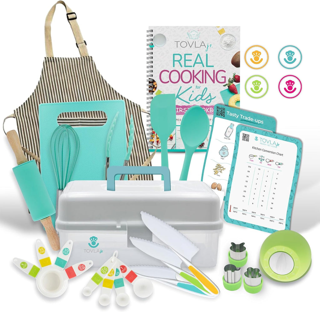 Tovl J Kid Rea Cookin an Bakin Ultimat Gif Se Montessor Kid-Saf Knives Apron Visua Cookbook Timer Storag Cas Tool Premiu Christma Birthda Gif fo Girl Boys