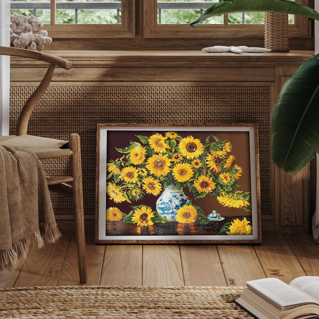 DIAMON DOT Sunflower i Chin Vas Flora Diamon Paintin Kit fo Adult Diamon Ar Kit Relaxin Creativ Craf Ki wit Dot Gem 22inchx28inch