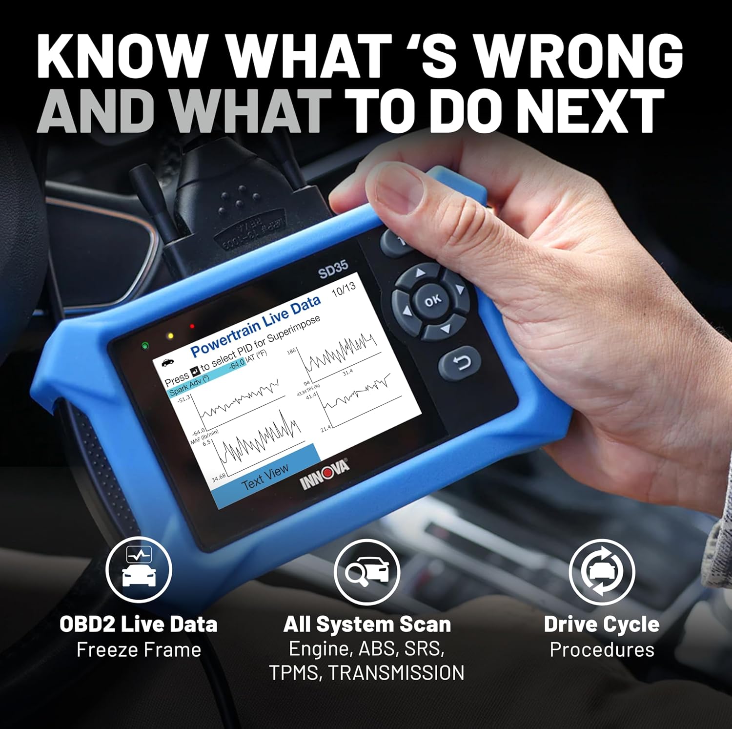 Innov SD3 OBD Scanne ABS SRS TPM Chec Engin Cod Reader Liv Data Al Syste Diagnostics Compatibl wit Mos Vehicles