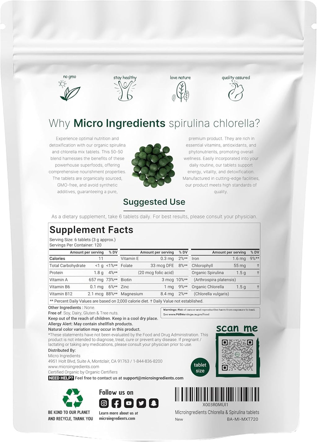 Micr Ingredient Organi Spirulin Chlorell Tablets 72 Tablet ( Mont Supply 50/5 Blen Superfoo Cracke Cel Wal fo Bette Absorptio Ric i Vega Protei Chlorophyll