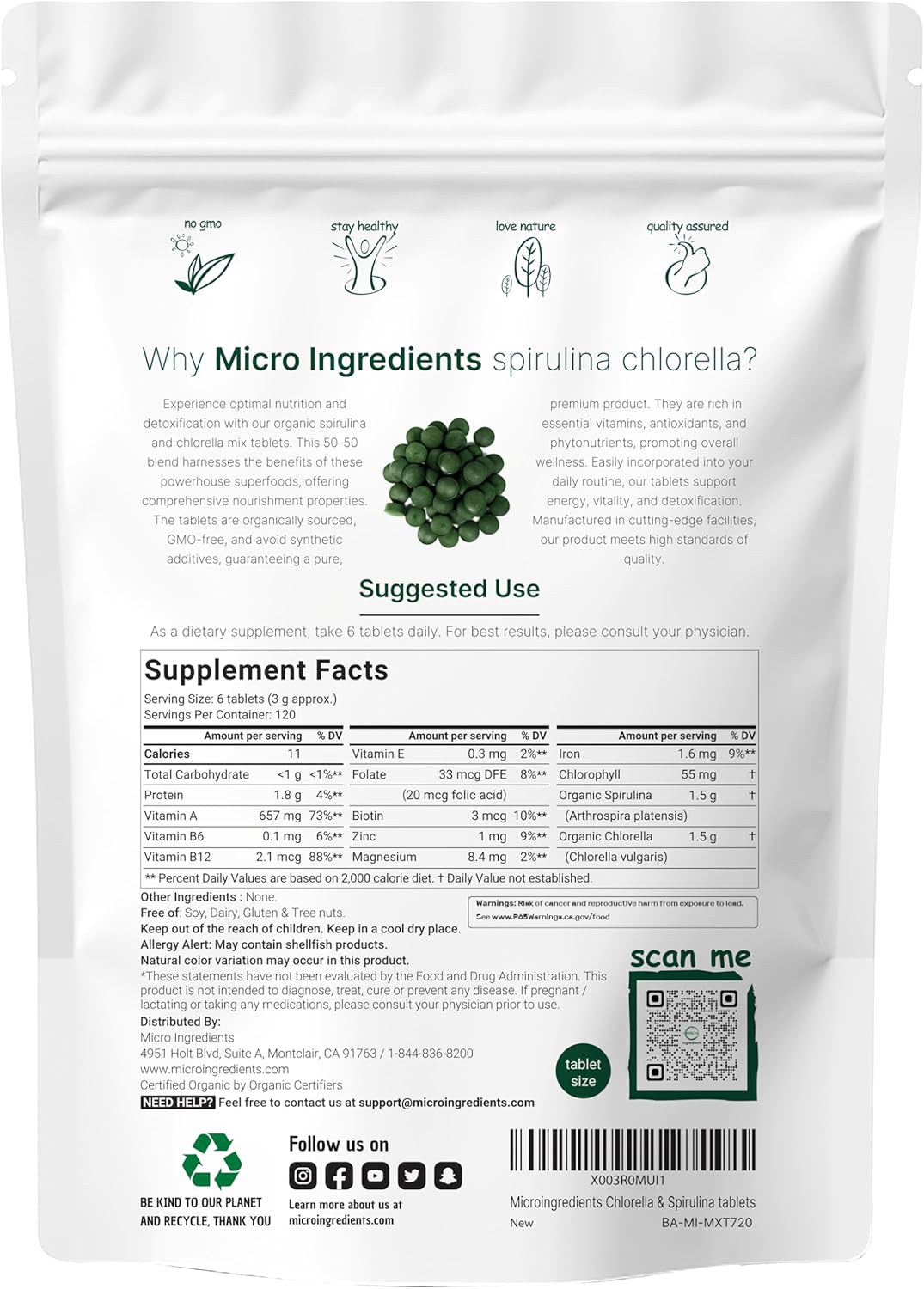 Micr Ingredient Organi Spirulin Chlorell Tablets 72 Tablet ( Mont Supply 50/5 Blen Superfoo Cracke Cel Wal fo Bette Absorptio Ric i Vega Protei Chlorophyll