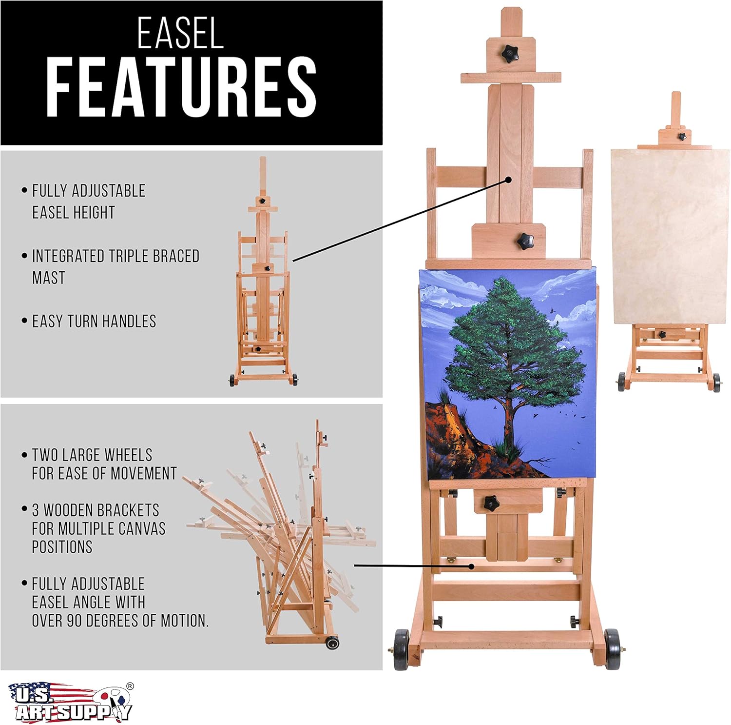 U.S Ar Suppl Maste Multi-Functio Studi Artis Woode Floo Ease Larg Heav Dut Adjustabl H-Frame Tilt Flat Mas Adjust t 97inc Hig Beechwoo Paintin Canva Holde Stan wit Wheels