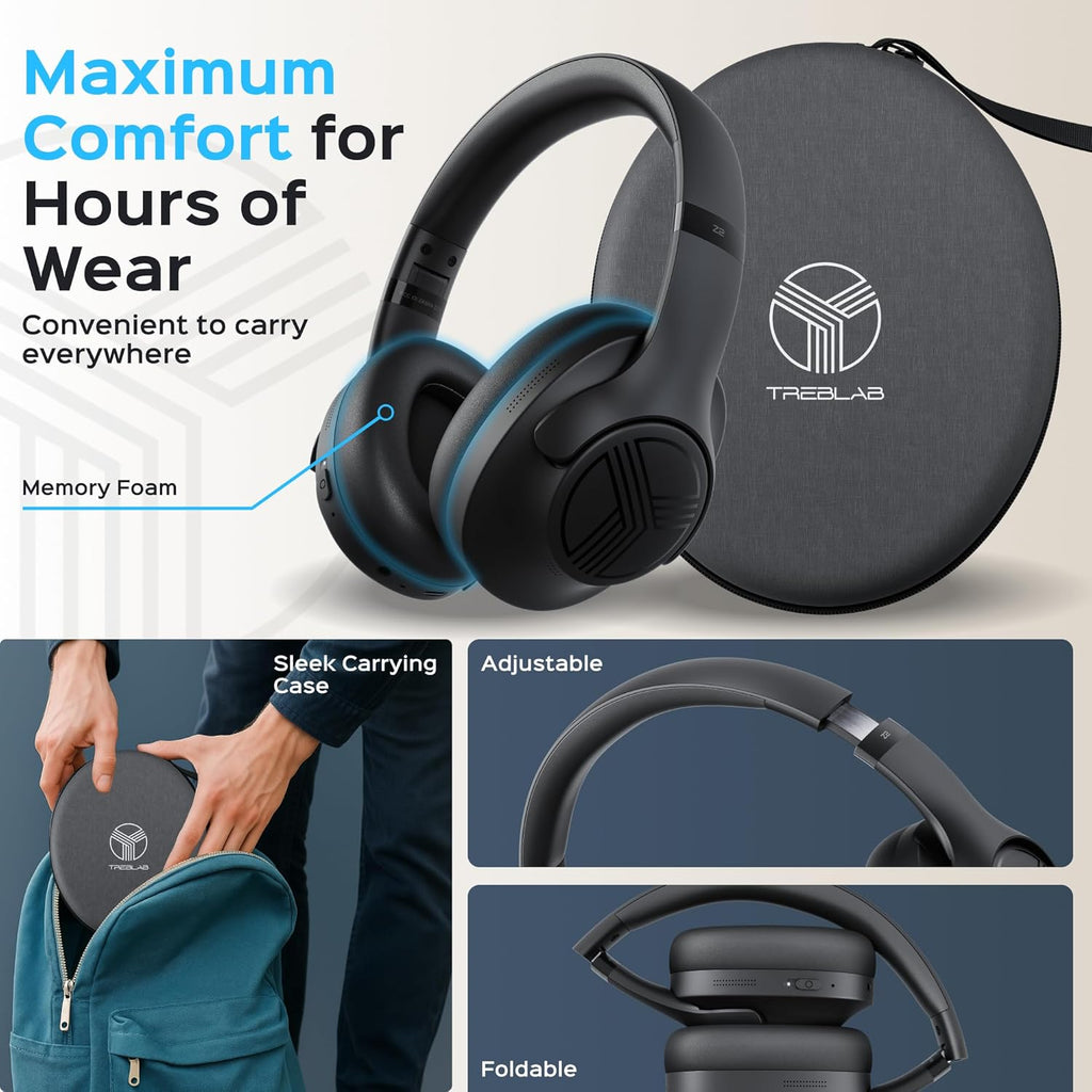 TREBLAB Z2 Hybrid Active Noise Cancelling Workout Headphones - Signature-HD Sound, Deep Bass, 58H Battery, Comfortable, Foldable Over Ear Bluetooth Headphones Wireless w/Mic for Calls, for Gym, Sport