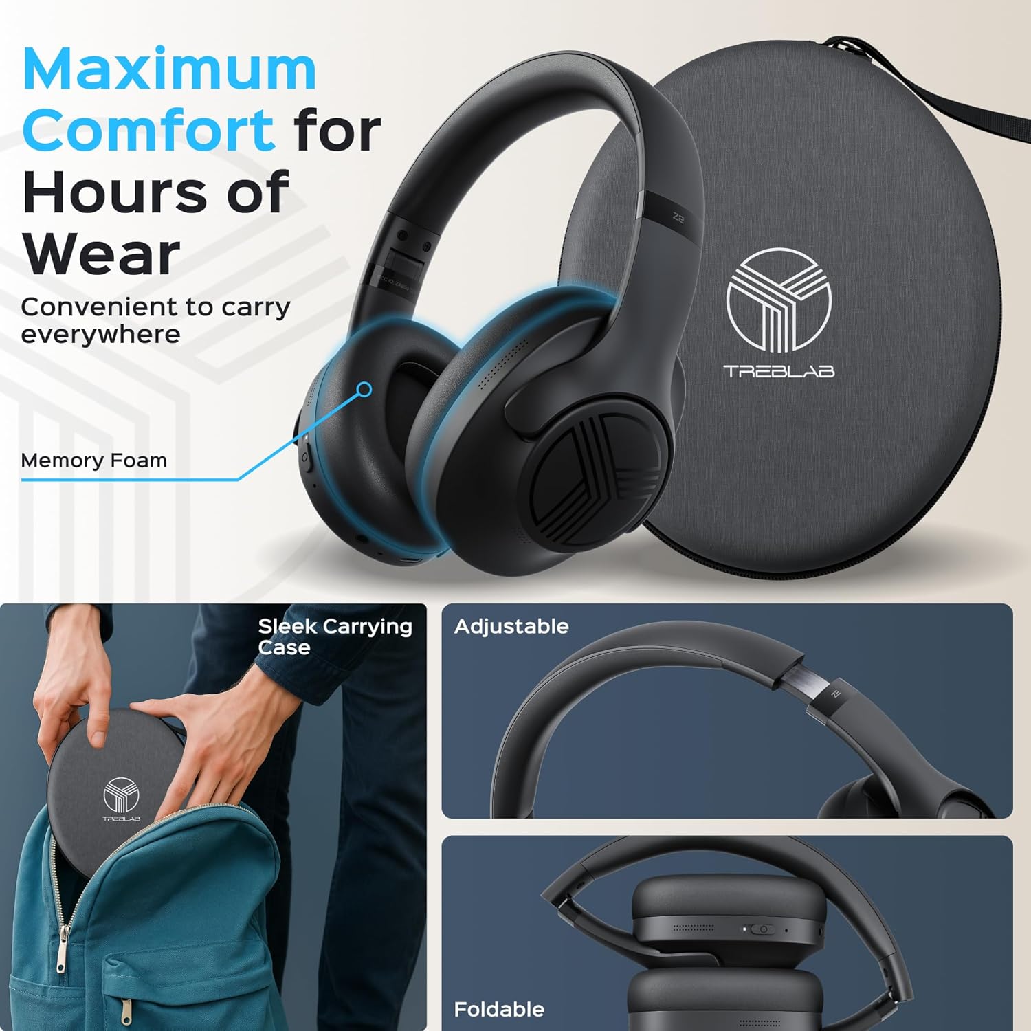 TREBLAB Z2 Hybrid Active Noise Cancelling Workout Headphones - Signature-HD Sound, Deep Bass, 58H Battery, Comfortable, Foldable Over Ear Bluetooth Headphones Wireless w/Mic for Calls, for Gym, Sport