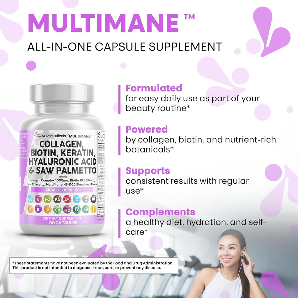Clean Nutraceuticals Collagen Pills 1000mg Biotin 10000mcg Keratin Saw Palmetto Hyaluronic Acid - Hair Skin Nails Vitamins DHT Blocker with Vitamin E Folic Acid Pumpkin Seed MSM - 90 Count