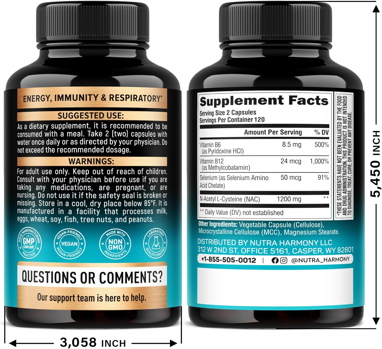 NAC Supplement | Selenium | B6 | B12 - Antioxidant, Immune Support - N Acetyl Cysteine 600 mg per Capsule, 1200 mg per Serving - Made in USA - Non-GMO, Gluten-Free, Vegan - 240 Caps, 4 Month Supply