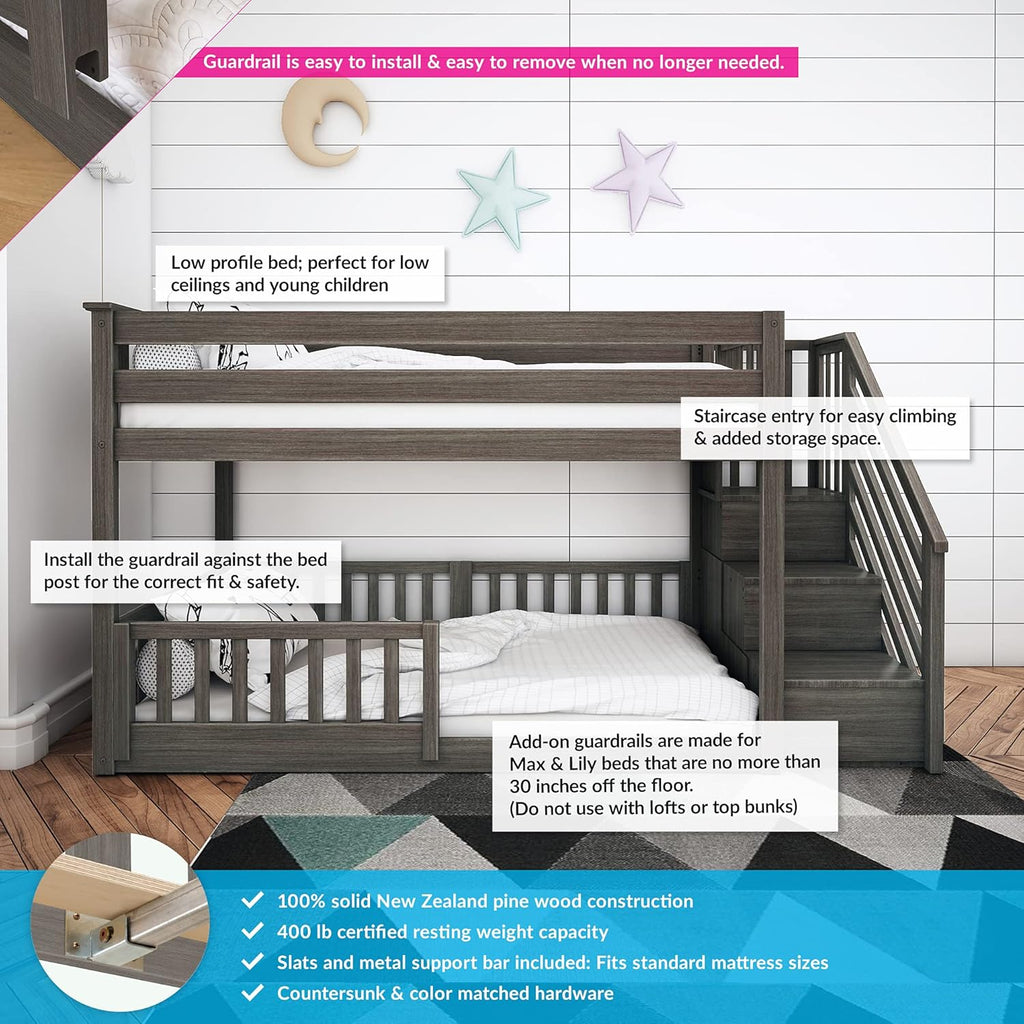 Max & Lily Low Bunk with Stairs and Three Guard Rails, Clay