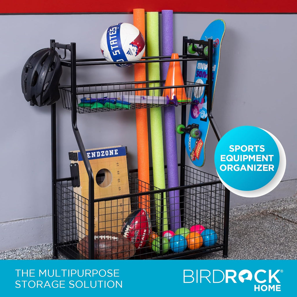 BIRDROC HOM Sport Equipmen Bal Organize 43inch fo Garag -Storag Rac Baseball Tennis Football Gy Gea Wid Bi Baske  Hook Kid To Holde Hocke Stic Cag Indoo Outdoor