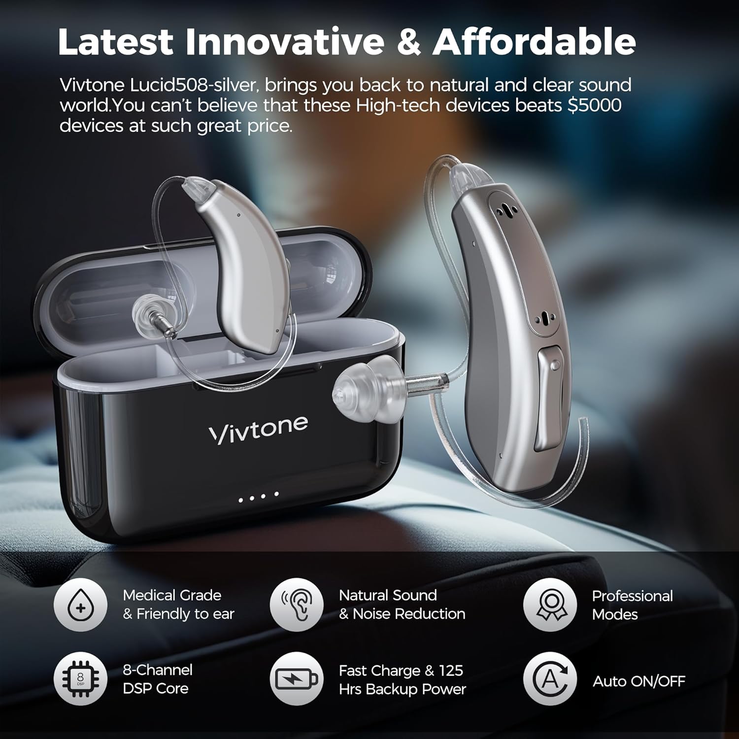 Rechargeable Hearing Aids for Seniors Adults, Advanced Multi Channel Digital BTE Hearing Assist, with Recycle Charging Case for 125 Hrs Backup Power, Auto-On/Off, Pair, Lucid508