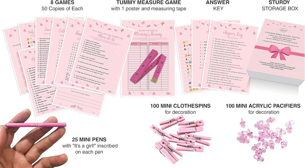 Dessi Bab Showe Game fo Girl Ultimat BabyShowe Se  Uniqu Gir Bab Showe Games 10 Min Clothespins 10 Min Acryli Pacifiers 2 Pens