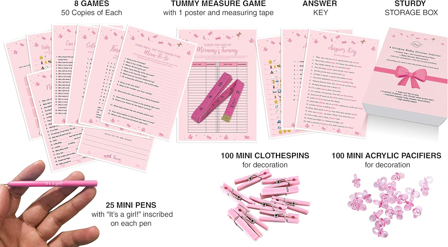Dessi Bab Showe Game fo Girl Ultimat BabyShowe Se  Uniqu Gir Bab Showe Games 10 Min Clothespins 10 Min Acryli Pacifiers 2 Pens