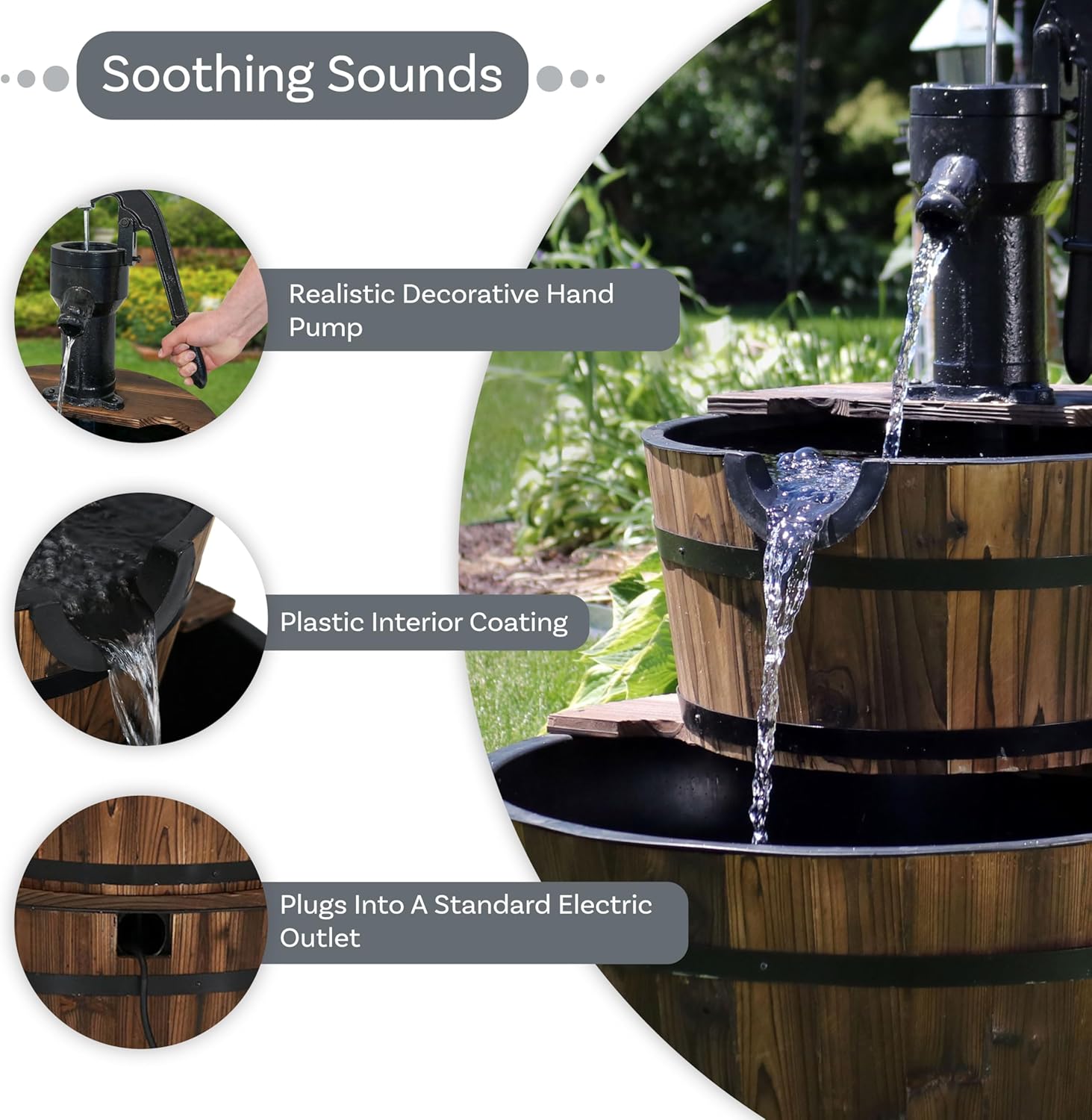 Sunnydaze 2-Tier Wood Barrel Water Fountain - 34-Inch Vintage Water Pump Fountain with Submersible Pump - for Garden, Patio, Decks