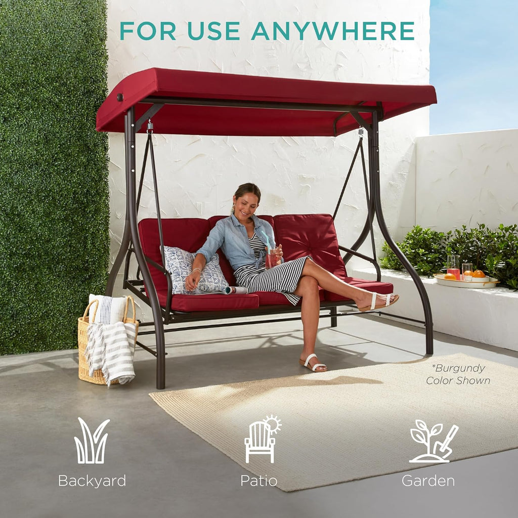 Best Choice Products 3-Seat Outdoor Large Converting Canopy Swing Glider, Patio Hammock Lounge Chair for Porch, Backyard w/Flatbed, Adjustable Shade, Removable Cushions - Dark Rust