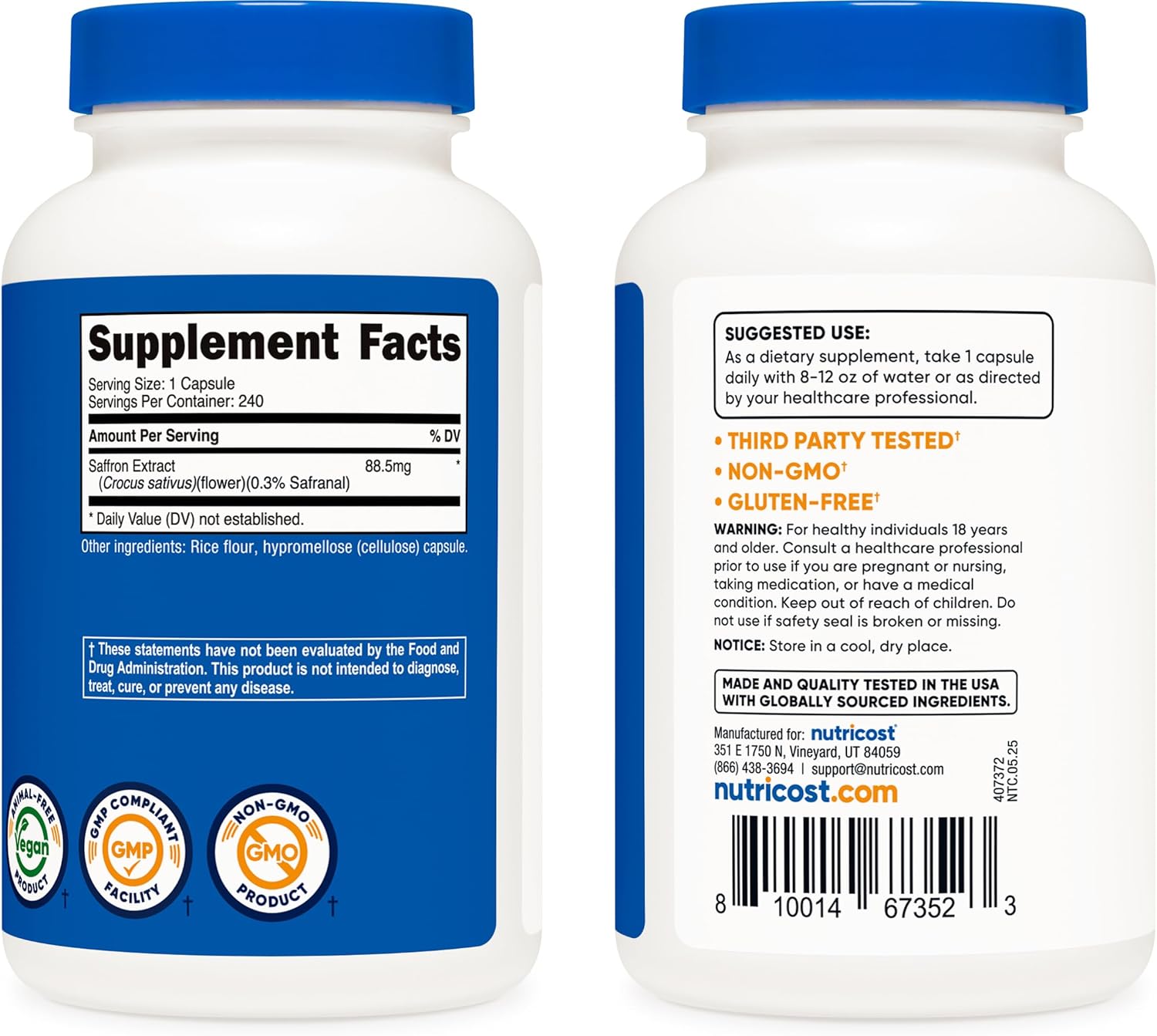 Nutricost Saffron Extract 88.5mg, 240 Capsules - Veggie Caps, Non-GMO, Gluten Free