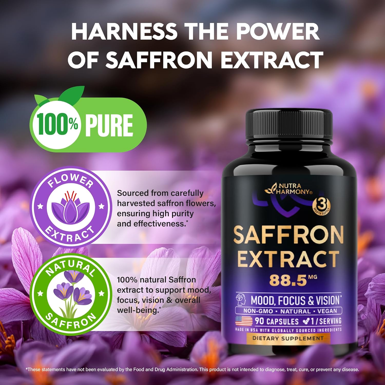 Natural Saffron Supplements - Pure Saffron Extract 88.5 mg - Made in USA - Mood | Focus | Vision | Energy Support - Eye Health for Women & Men - NonGMO Vegan Pills - 90 Powder Capsules, 3 Month Supply