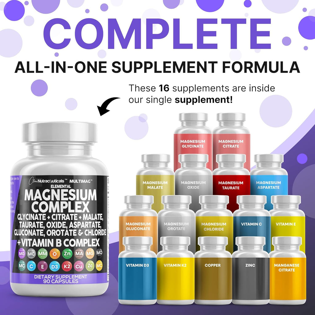 Clean Nutraceuticals Magnesium Complex with Magnesium Glycinate Citrate Malate Oxide Taurate Aspartate Orotate Mag Chloride, Zinc Copper Manganese Vitamin C B1 B2 B6 B12 Complex - 1Pack