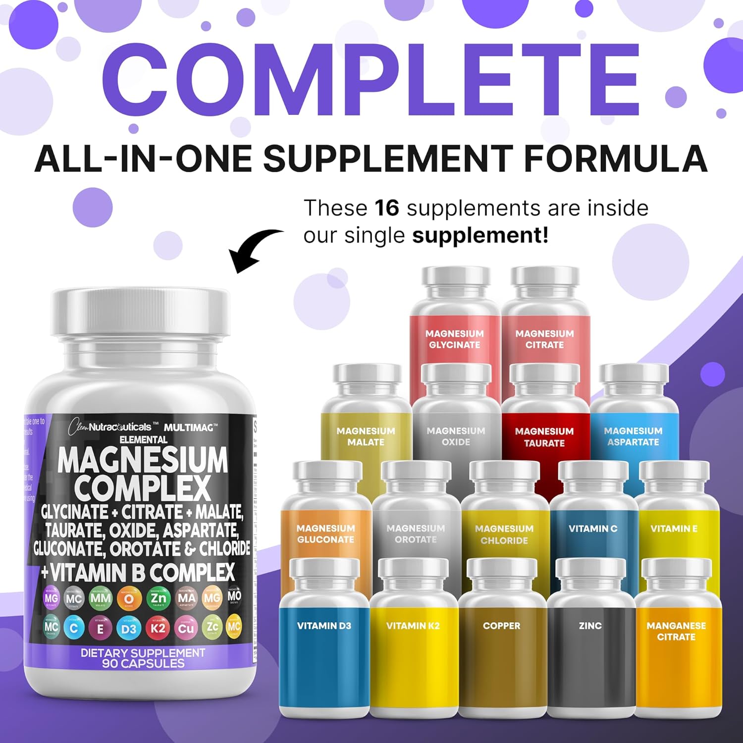 Clean Nutraceuticals Magnesium Complex with Magnesium Glycinate Citrate Malate Oxide Taurate Aspartate Orotate Mag Chloride, Zinc Copper Manganese Vitamin C B1 B2 B6 B12 Complex - 1Pack