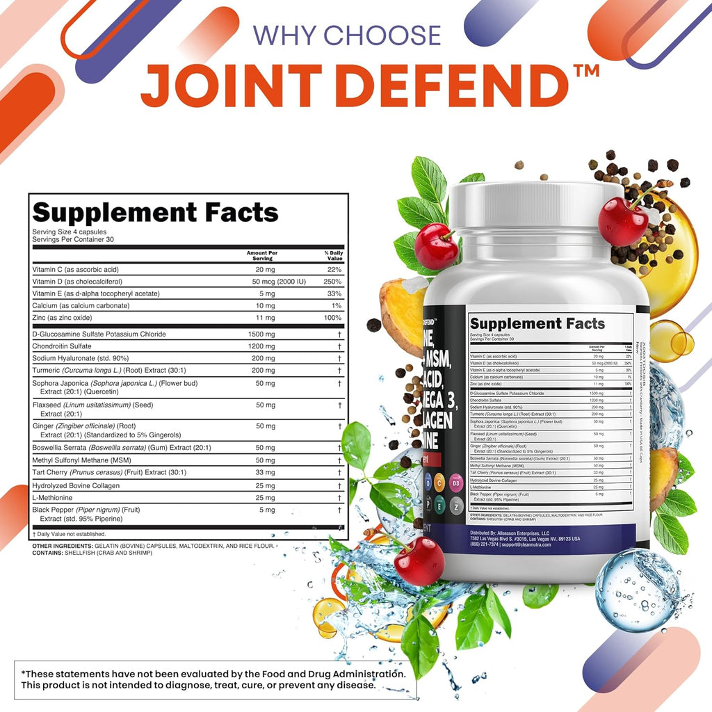 Clean Nutraceuticals Glucosamine Chondroitin MSM 1500mg with Turmeric Curcumin, Collagen, Hyaluronic Acid, Omega 3 ¨C Joint Health Supplement for Men & Women ¨C Joint Complex ¨C 120 Count