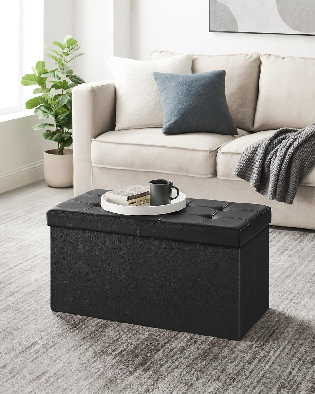 Collection - 30 Inches Storage Ottoman Bench with Flipping Lid, Storage Chest Footstool, Load 660 lb, for Entryway, Living Room, Bedroom, Synthetic Leather, Black ULSF45BK
