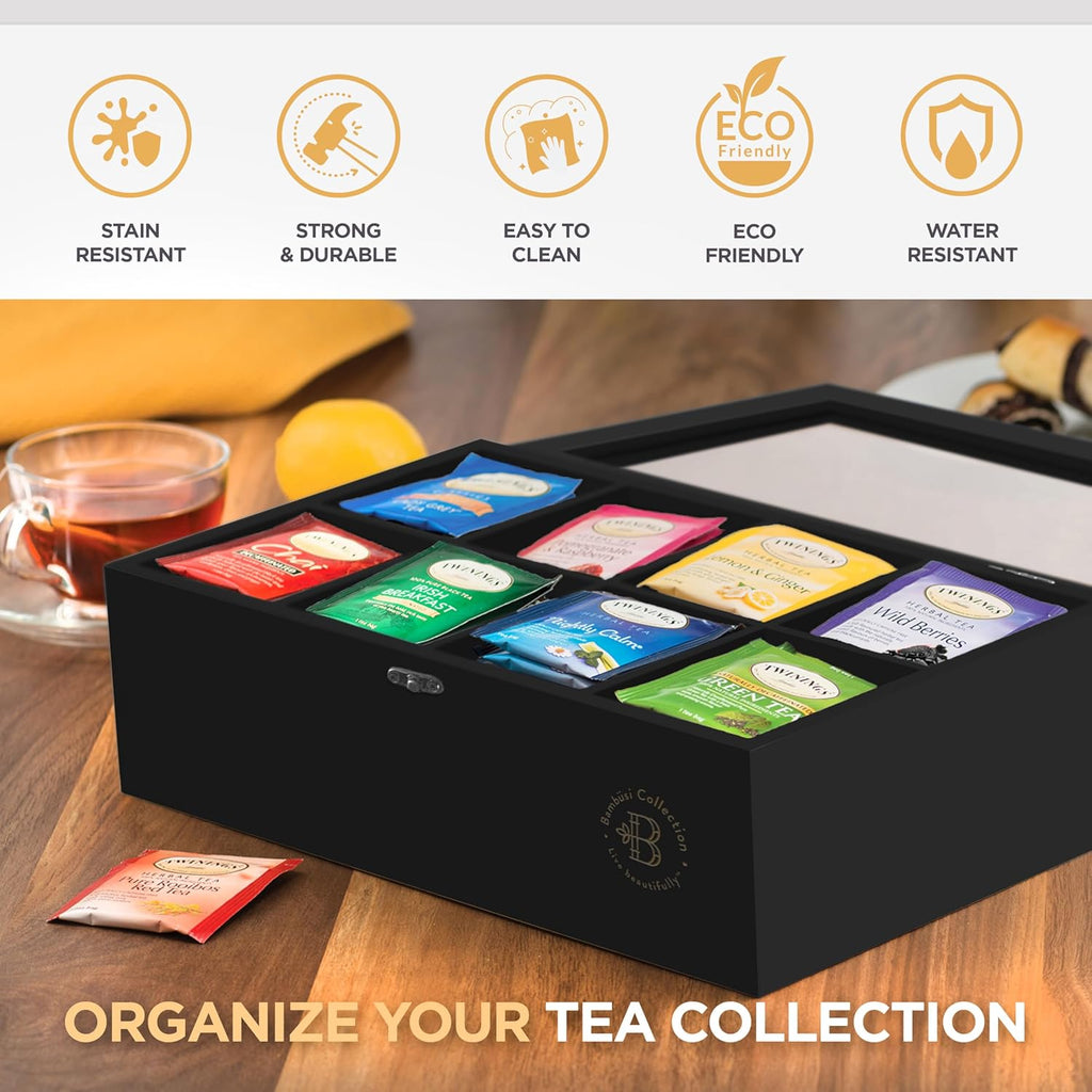 Bamb¨¹si Tea Bag Organizer - Bamboo Tea Box Organizer Storage Box, Tea Bag Holder with Acrylic Window, Magnetic Lid Keeps Tea Bags Fresh - Ideal Gifts Tea Organizer Caddy (Tea Not Included) - Black