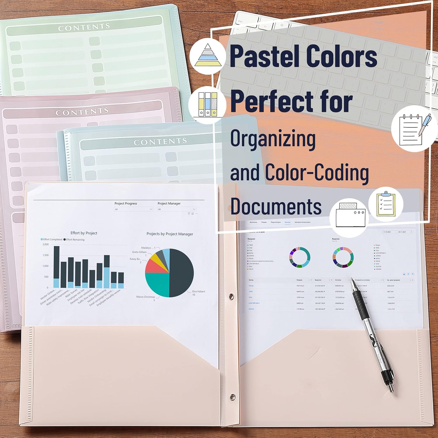 Mr. Pen- Plastic Folders with Clear Front Pocket, 5 pcs, Pastel Colors, File Folders with Fasteners for Documents