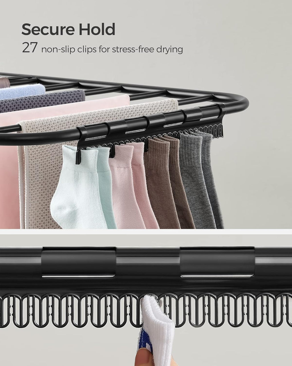Clothes Drying Rack, Foldable 2-Level Laundry Drying Rack, Free-Standing Laundry Airer, with Height-Adjustable Wings, 33 Drying Rails, Sock Clips, Black ULLR053B01V1