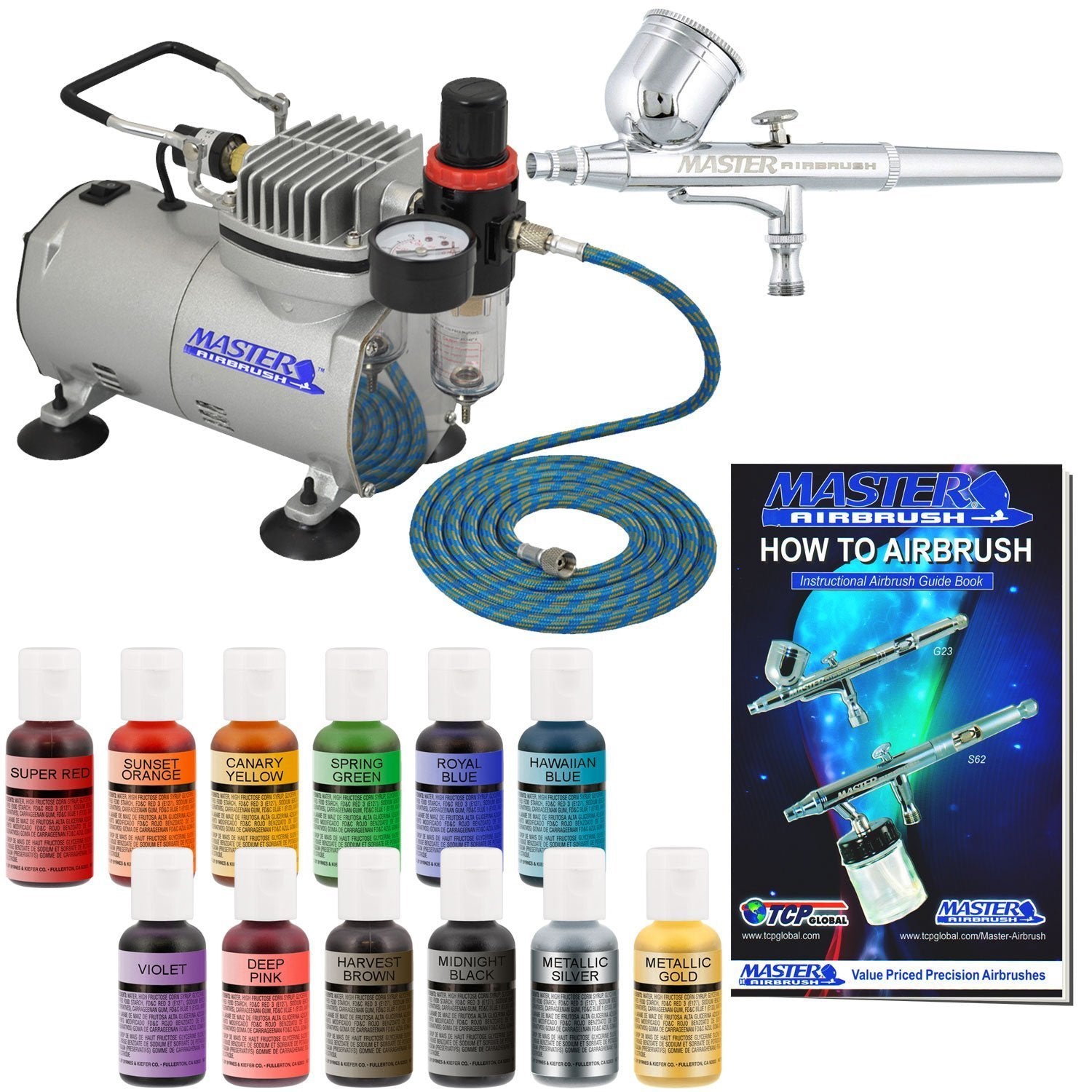 Maste Airbrus Cak Airbrus Decoratin Ki wit Compresso Dua Fa Gravit Fee Ai Brus fo Cak Decoratio 12-Colo Edibl Ai Brus Pain fo Cakes Cookie Cupcakes Hose Ho t Manual