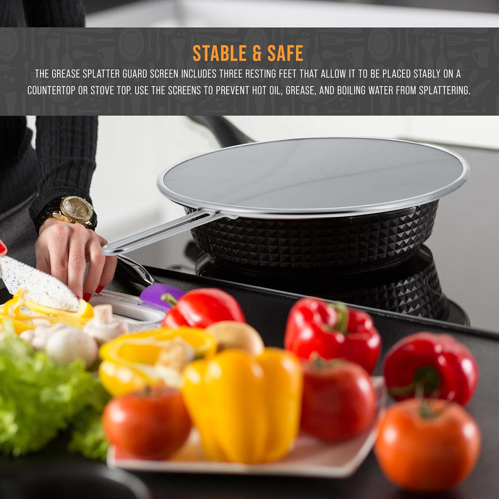 U.S. Kitchen Supply Set of 3 Stainless Steel Splatter Screen - 13inch, 11.5inch 9.5inch Sizes - Fine Mesh Splatter Screen with Resting Feet Set, Grease Guard for Kitchen Pots and Pans