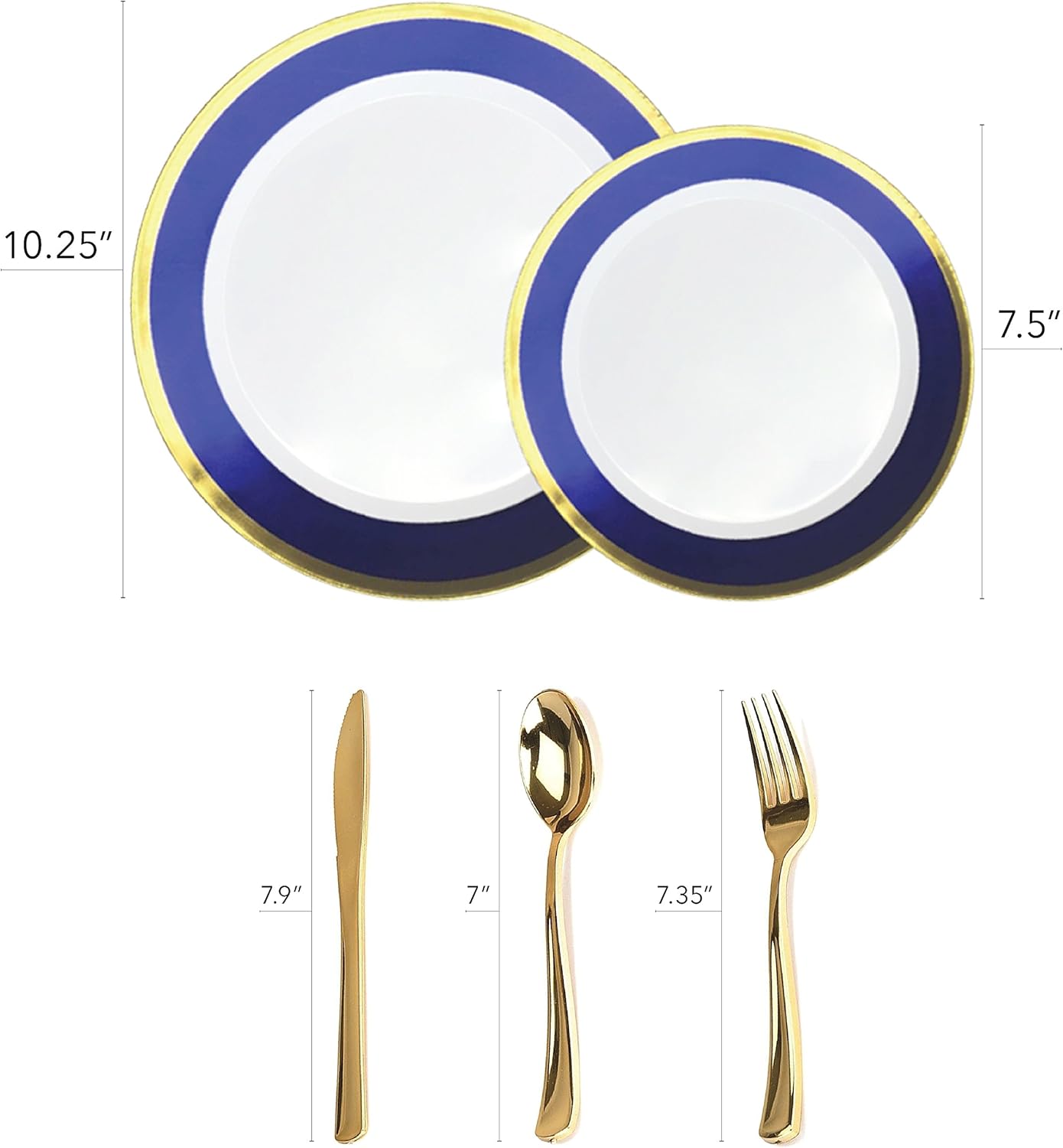 125-Piece White, Blue, and Gold Fancy Plastic Plates Disposable with Silverware, Elegant Dinnerware for Weddings, Holiday Party China, Set of 25 Dinner + Salad Plates, 25 Spoons, 25 Forks, 25 Knives
