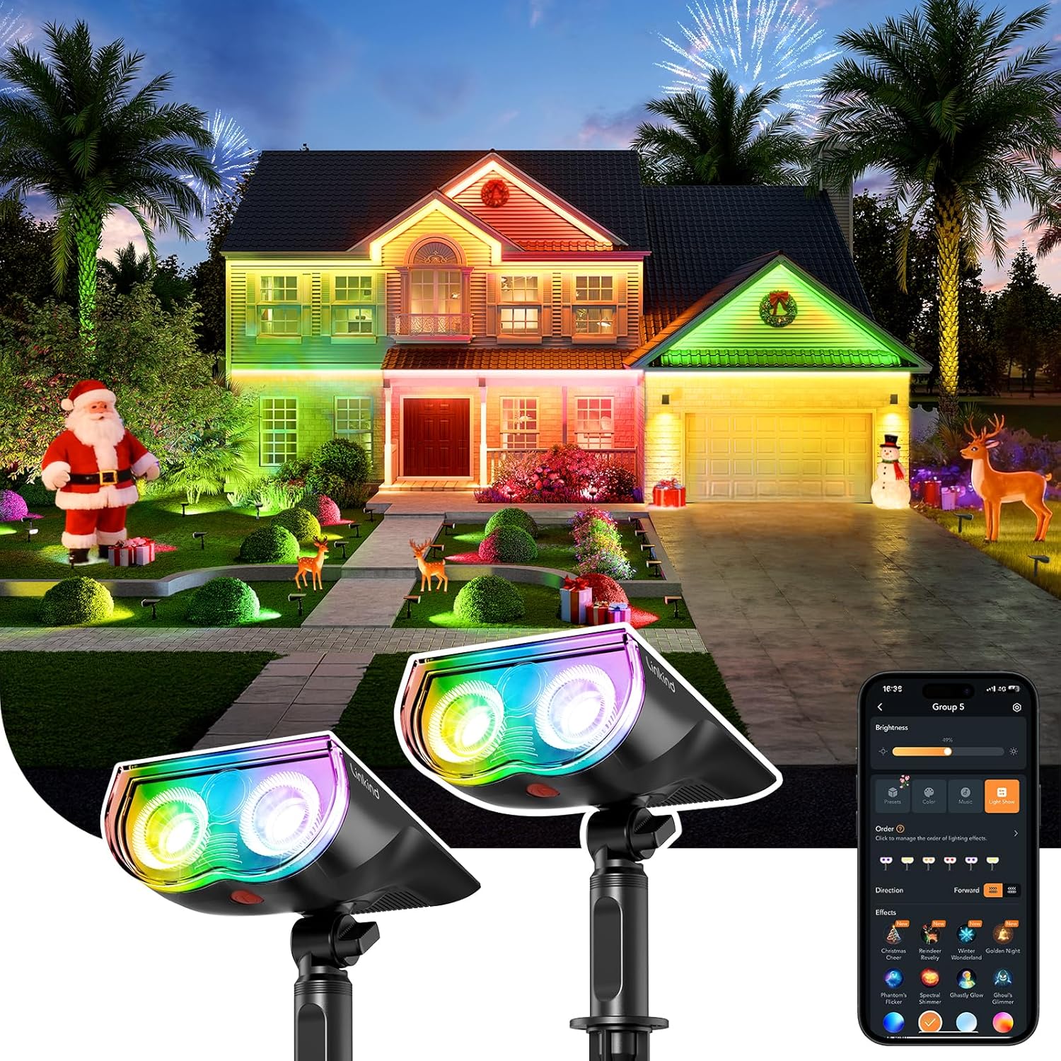 Linkind Smart Solar Spot Lights Outdoor SL5C, Solar Lights Outdoor Spotlight Color Changing APP/Voice Control Landscape Lighting, IP67 Christmas Decorations for Yard, Garden, Pathway(2 Pack)