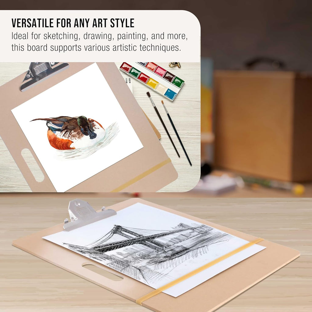 U.S. Art Supply 11inch x 17inch Artist Sketch Tote Board - Lightweight Hardboard Drawing Board with Handle, Clip & Rubber Band for Art, Sketching, Travel, Studio