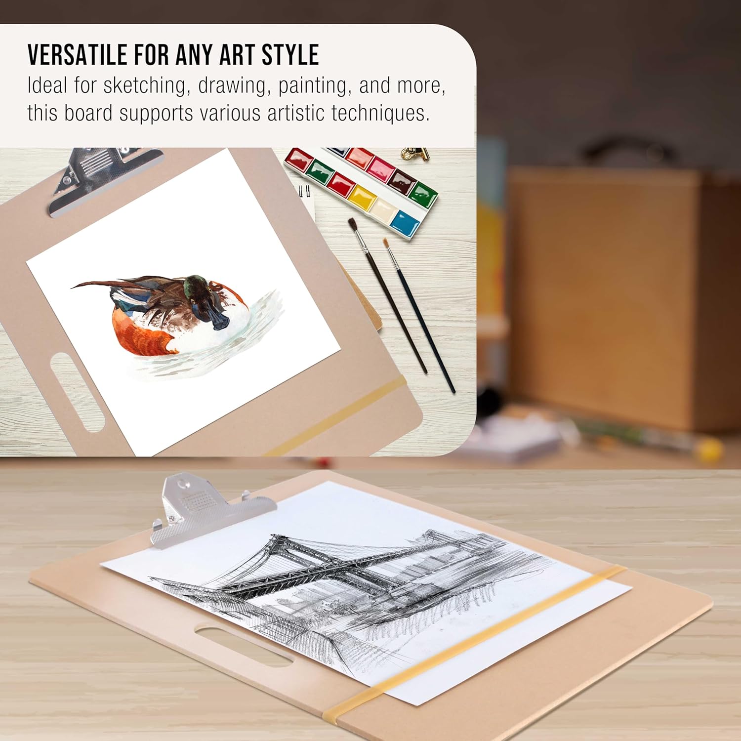 U.S. Art Supply 11inch x 17inch Artist Sketch Tote Board - Lightweight Hardboard Drawing Board with Handle, Clip & Rubber Band for Art, Sketching, Travel, Studio