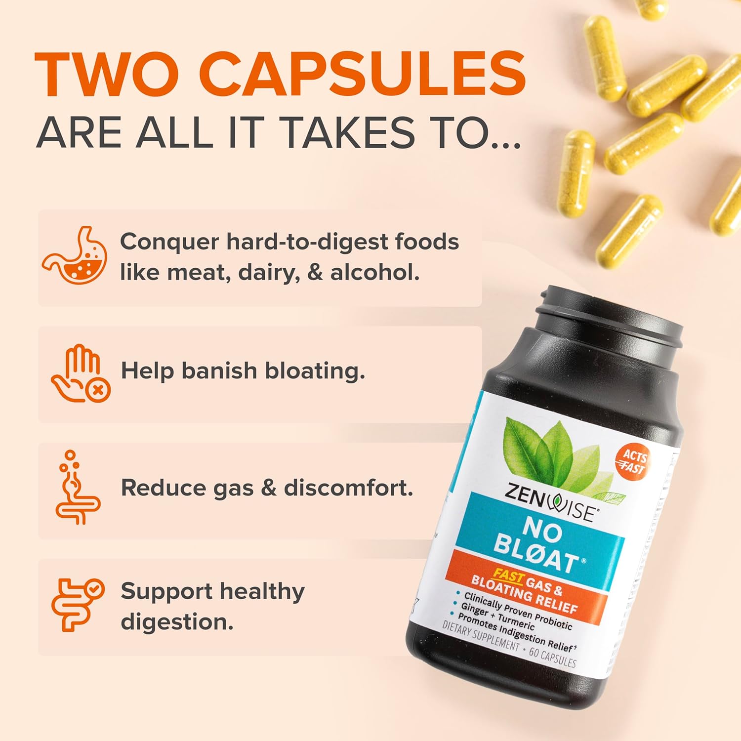 Health No Bloat Digestive Enzymes for Gut Health, Gas Bloating Relief - Multi Enzymes Digestion Supplement with Probiotics, Ginger, Turmeric Dandelion Lactase - Men Women - 60 Count