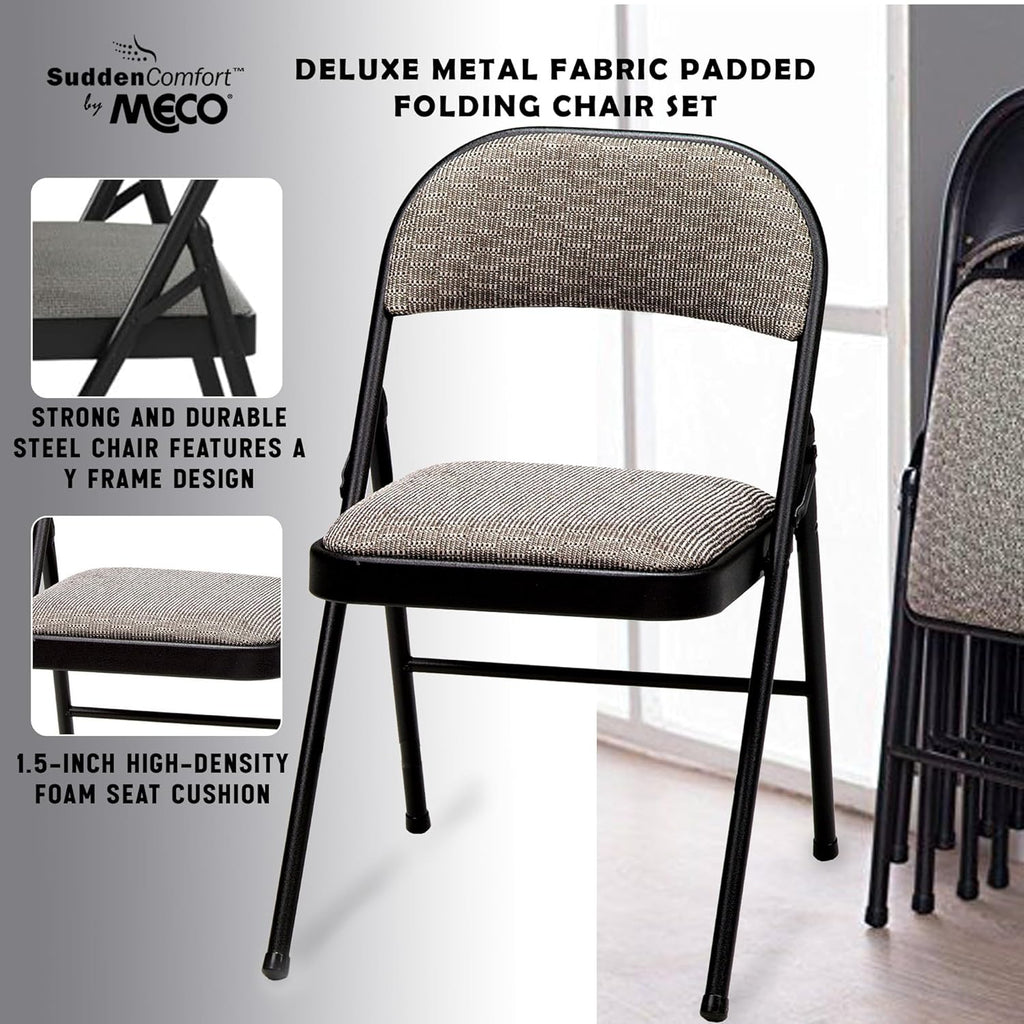 MECO 4 Pack Padded Folding Chairs, Cushioned Metal Fabric Foldable Chair, Black