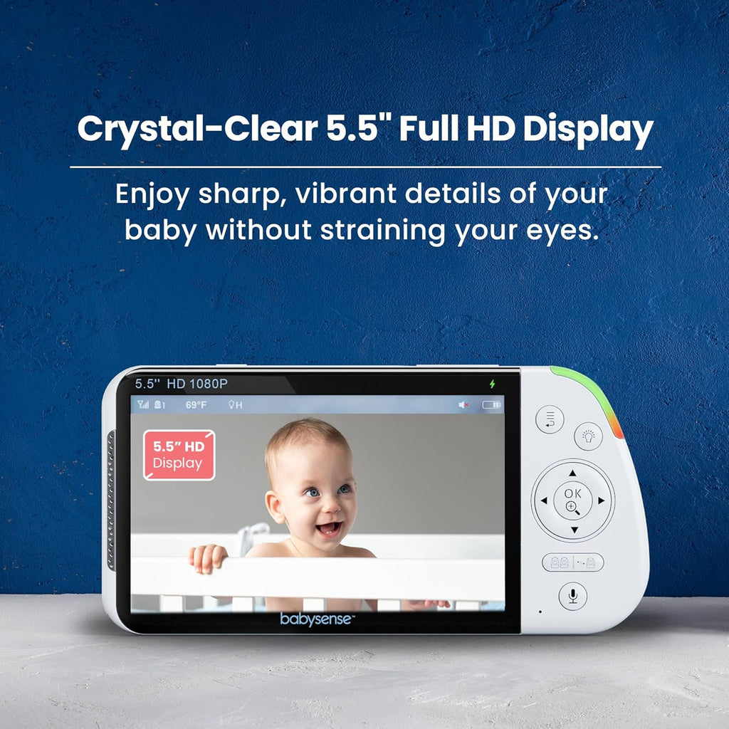 Babysense Full HD 5.5inch Split Screen Baby Monitor with 2 Cameras, 6-Color Night Light, White Noise, Sound Light Machine, 20-Hour Battery, Hack-Proof Non-WiFi Secure Connection