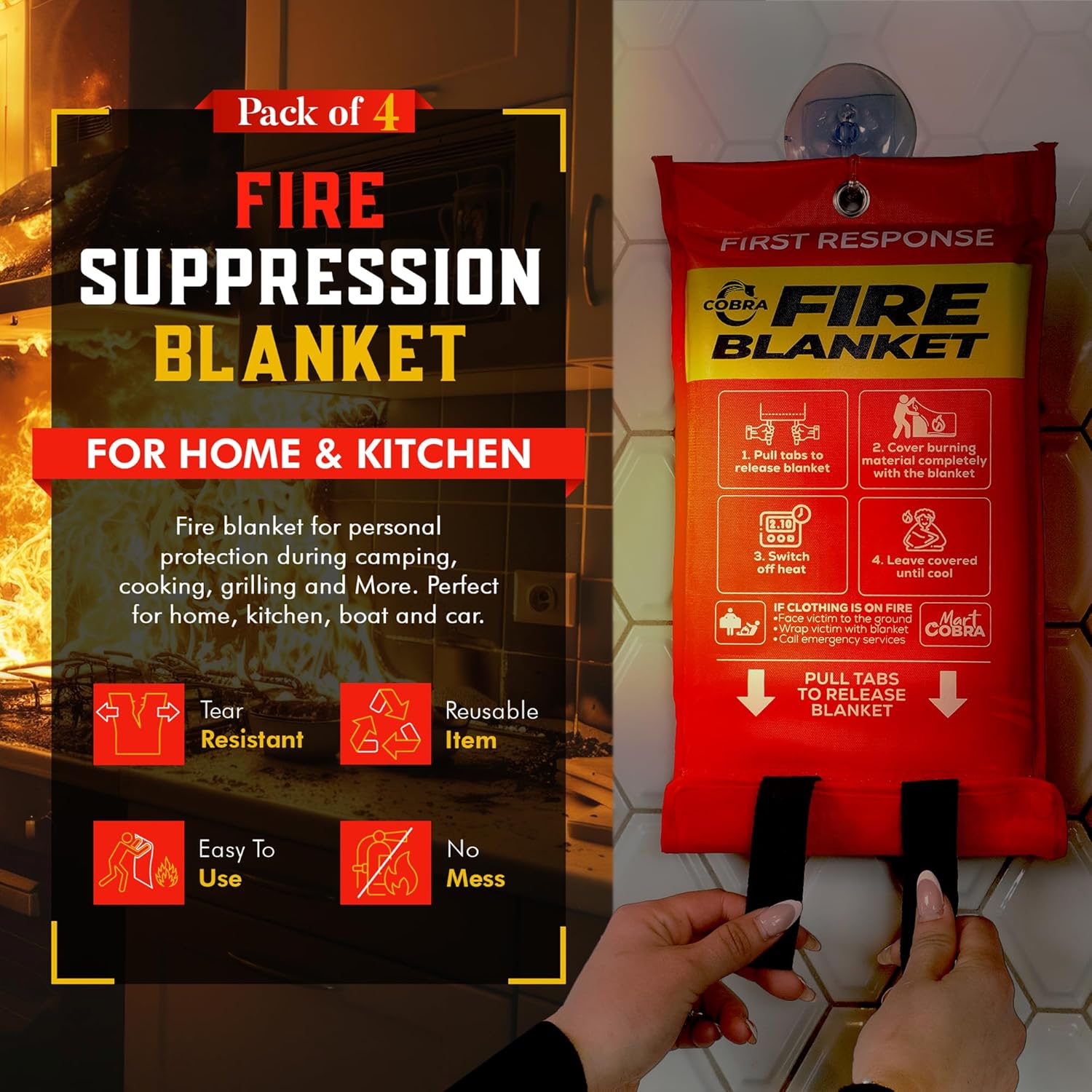 Mart Emergency Fire Blanket for Home and Kitchen - 4 Pack - Fire Blankets Emergency for Home Safety 40¡± x 40¡± - Suppression Shield Retardant Extinguisher Fiberglass Welding Fireproof Cloth Towel