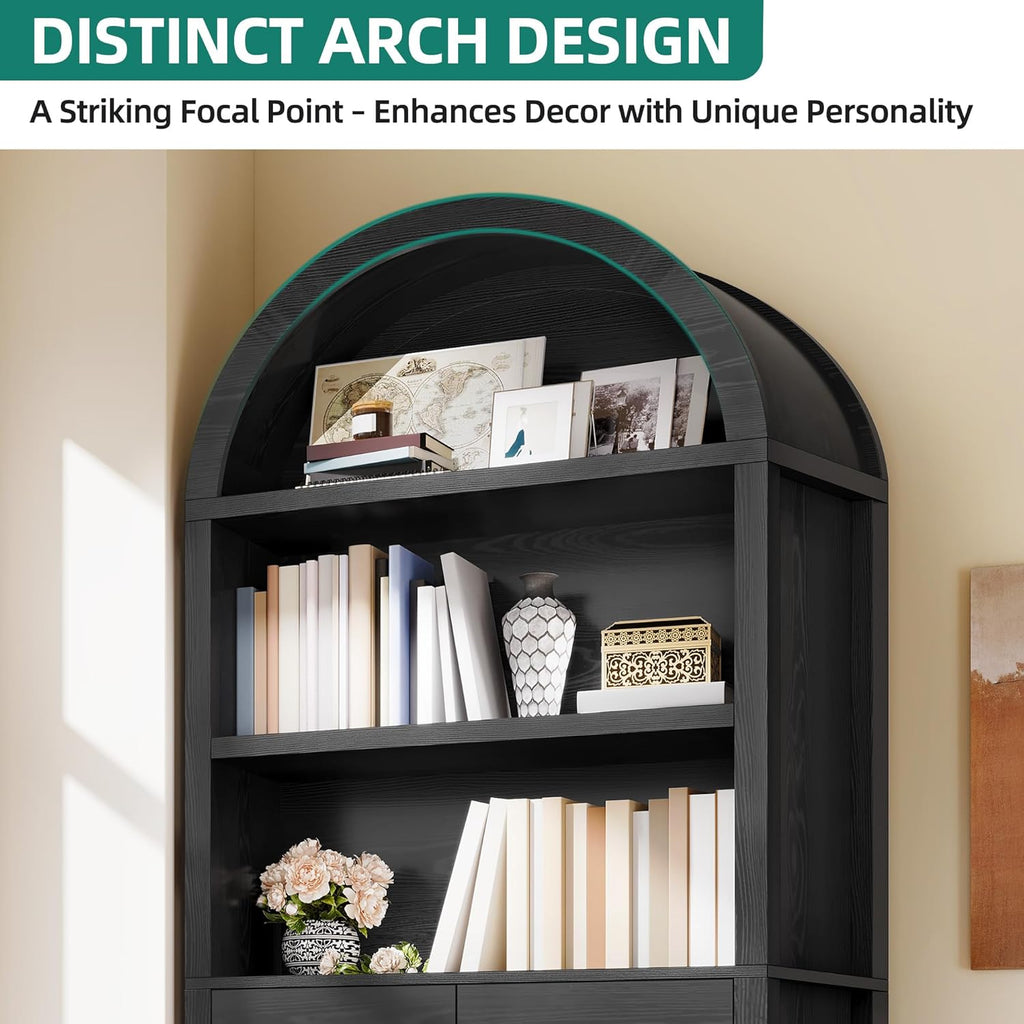 YITAHOM Arche Bookshel wit Storag Pack 71inc Tal Blac Arche Bookcas wit Drawer an Doors Arche Woode Bookshel Arc Storag Cabine fo Livin Room Bedroom Kitchen Black