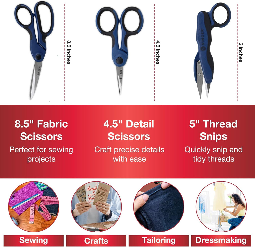 SINGER ProSeries Sewing Scissors Bundle: 8.5inch Heavy Duty Fabric, 4.5inch Detail Embroidery, 5inch Thread Snips With Comfort Grip (Dark Blue)