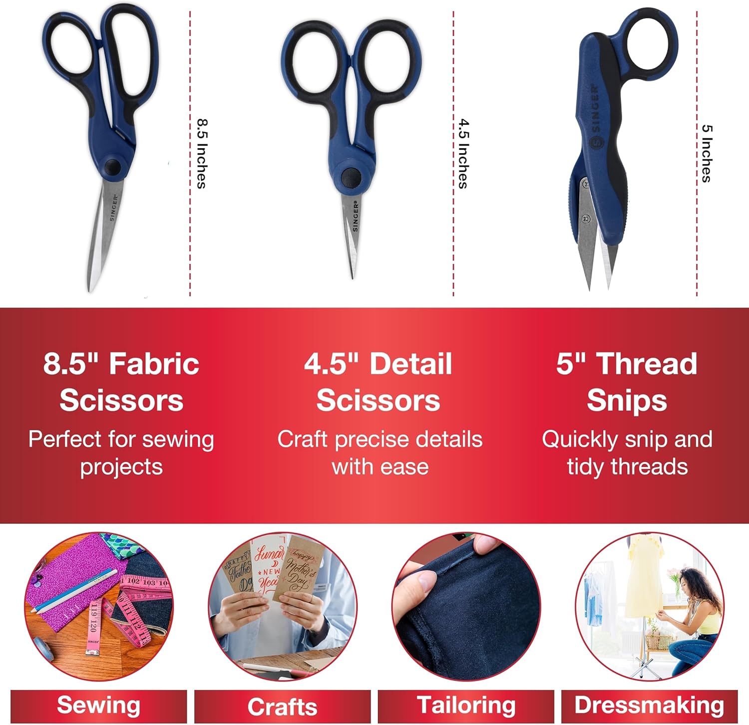SINGER ProSeries Sewing Scissors Bundle: 8.5inch Heavy Duty Fabric, 4.5inch Detail Embroidery, 5inch Thread Snips With Comfort Grip (Dark Blue)