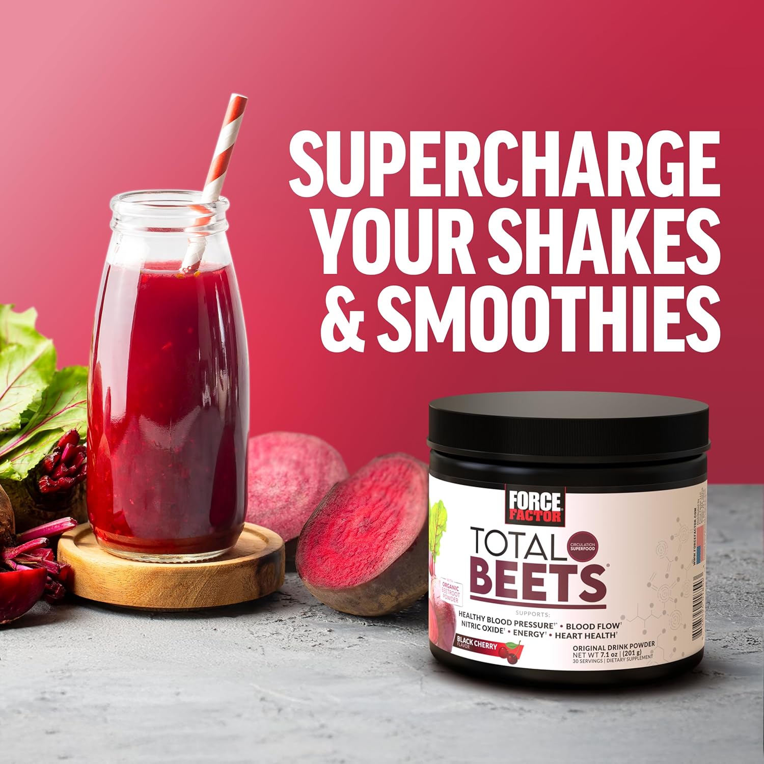 Force Factor Total Beets Delicious Superfood Powder with Nitrates to Support a Healthy Heart, Circulation, Blood Flow, Nitric Oxide, Energy, Stamina, Cardiovascular Heart Health, 30 Servings