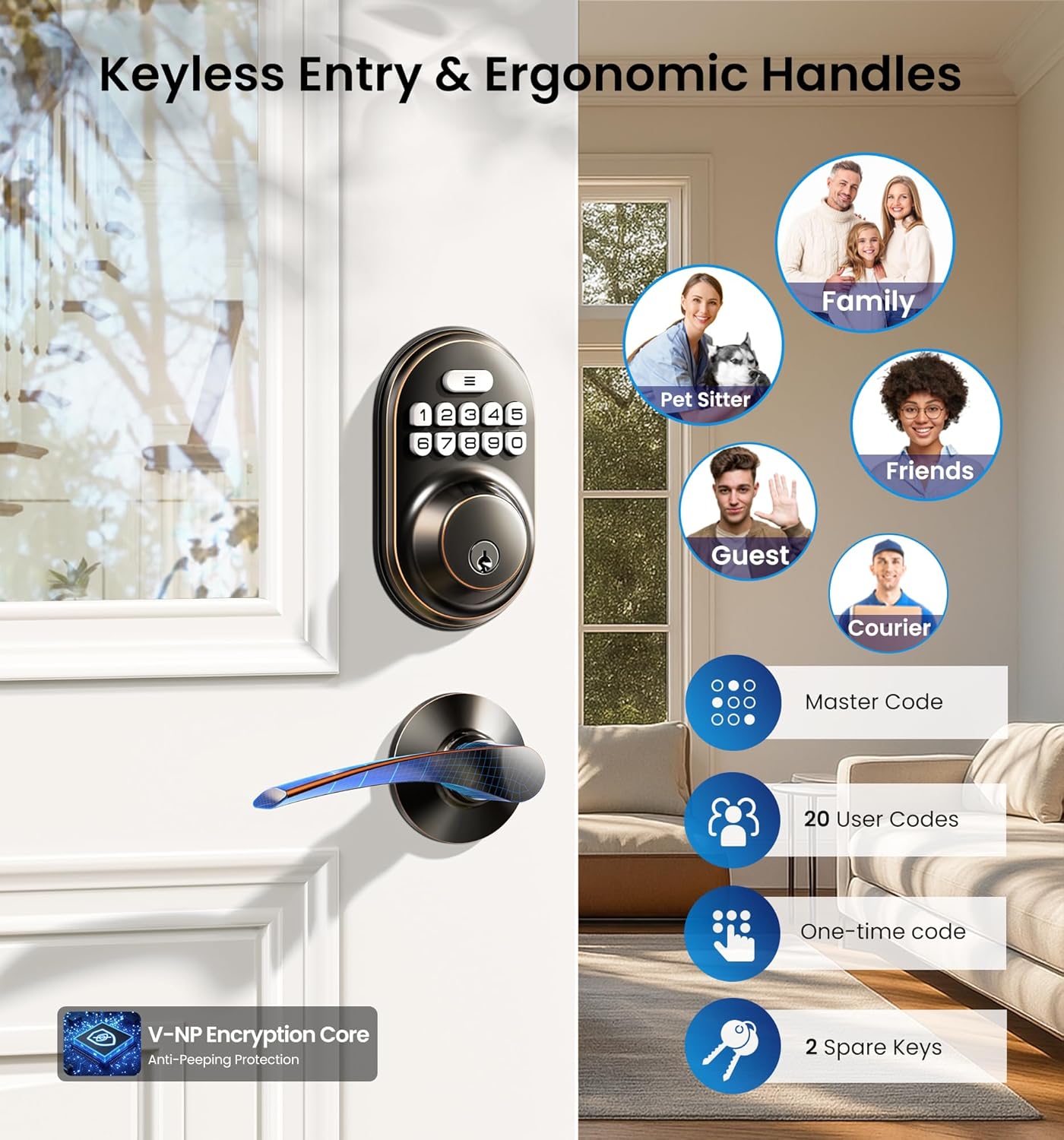 Veise Keyless Entry Door Lock with 2 Lever Handles - Electronic Keypad Deadbolt, Auto Lock, Back Lit & Easy Installation Design, Front Door Handle Sets, Oil Rubbed Bronze